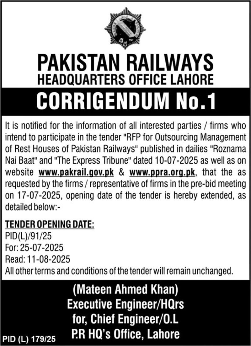 Pakistan Railways Lahore Tender Notice